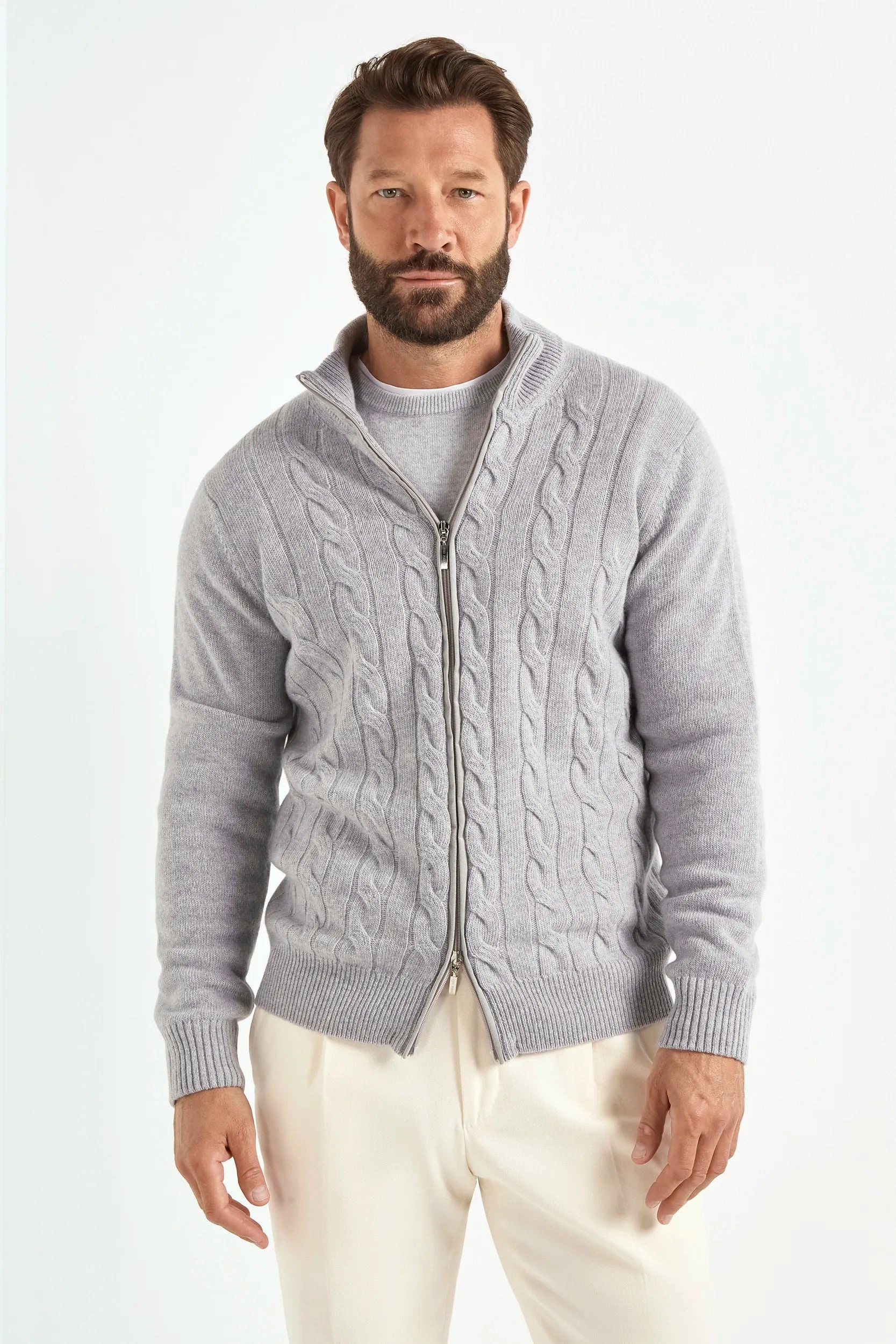 Light grey cable knit cashmere blend full zip ?C Made in Italy Sustainable Material Home Warmth