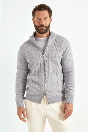 Ventilated Mesh Panel Knitwear Repair Toolkit Light grey cable knit cashmere blend full zip ?C Made in Italy