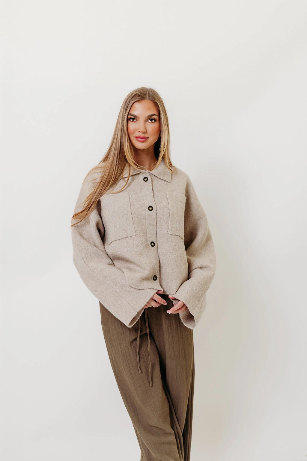Temperature Regulating Fabric Soft Warmth Monica Collared Button-Down Sweater in Papyrus
