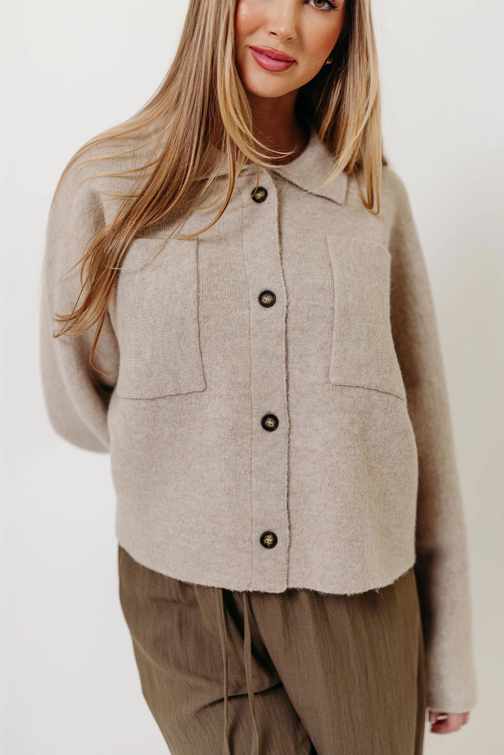 Monica Collared Button-Down Sweater in Papyrus Performance Fit Wear