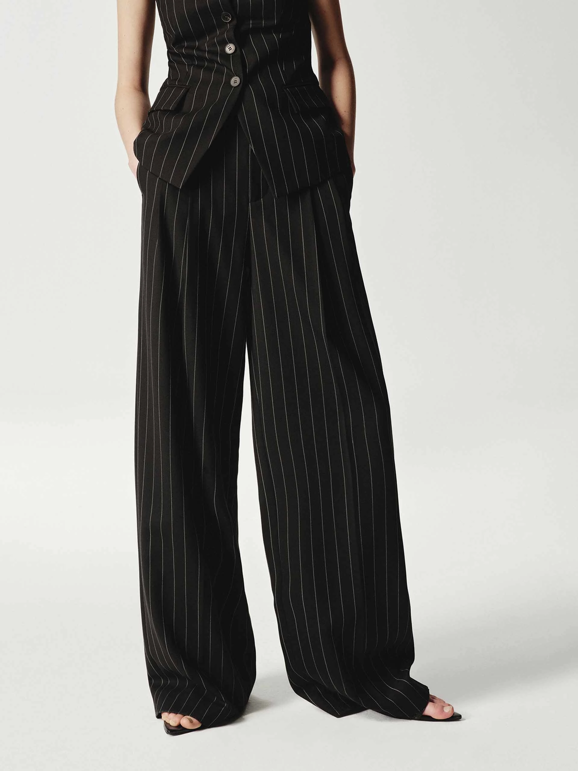 Wool Striped Straight Trousers ReinforcedPockets Sophisticated Look