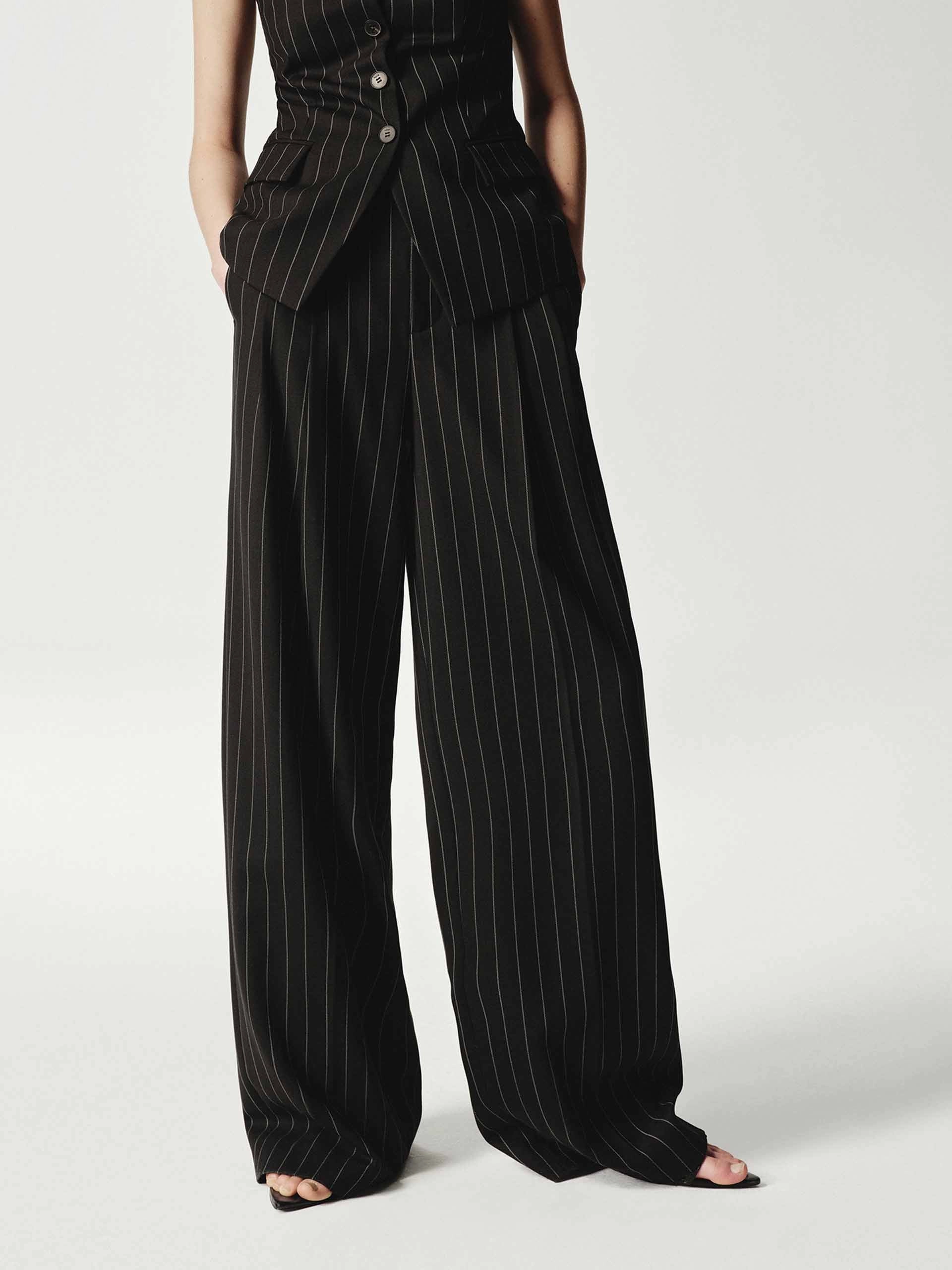 Wool Striped Straight Trousers Breathable wear