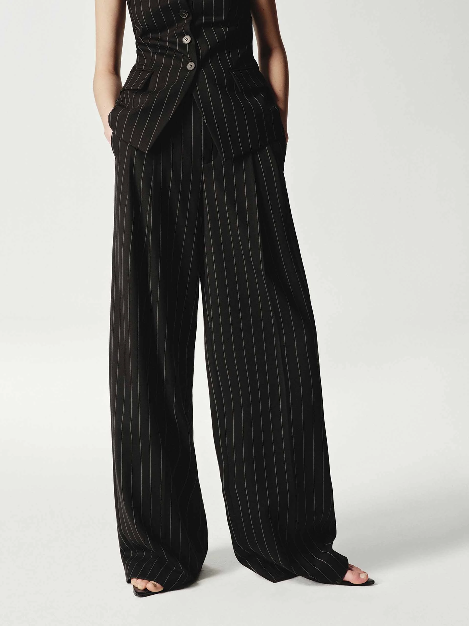Wool Striped Straight Trousers Flared bottom Perfect Fit
