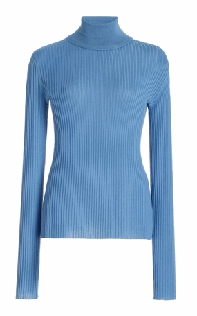 Double Layer Thermal Wrinkle Resistant Peppe Knit Turtleneck in Light Blue Denim Cashmere Silk