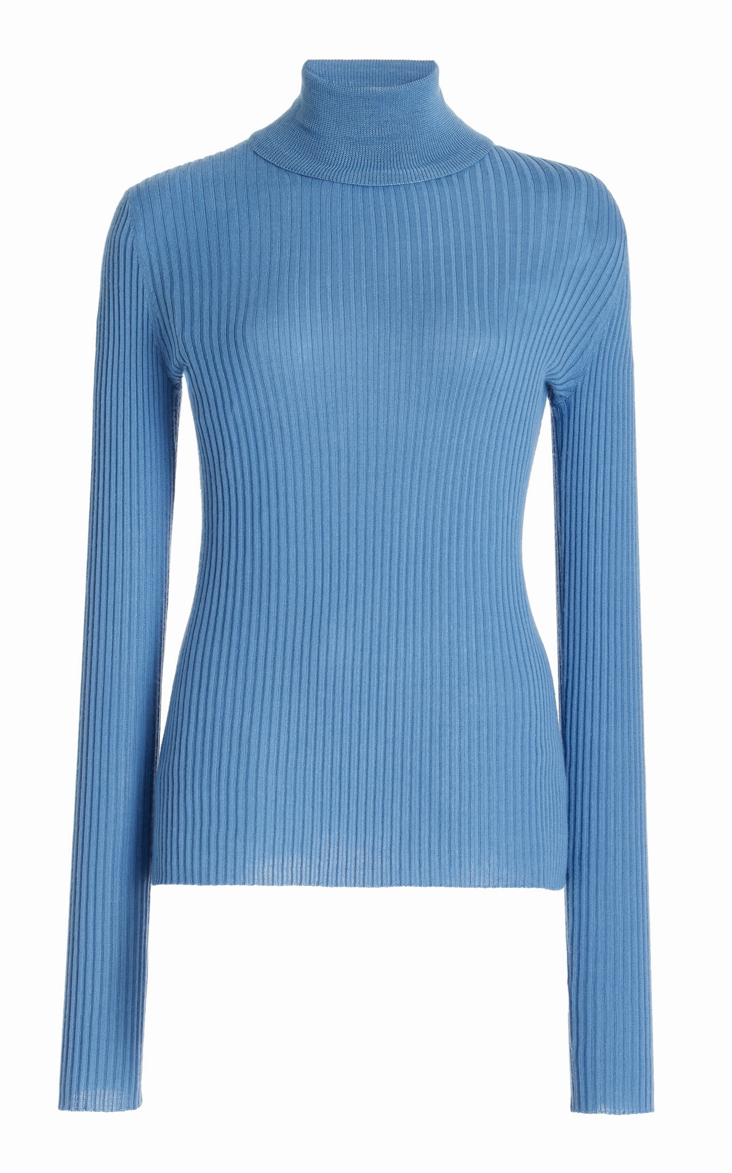 Double Layer Thermal Wrinkle Resistant Peppe Knit Turtleneck in Light Blue Denim Cashmere Silk