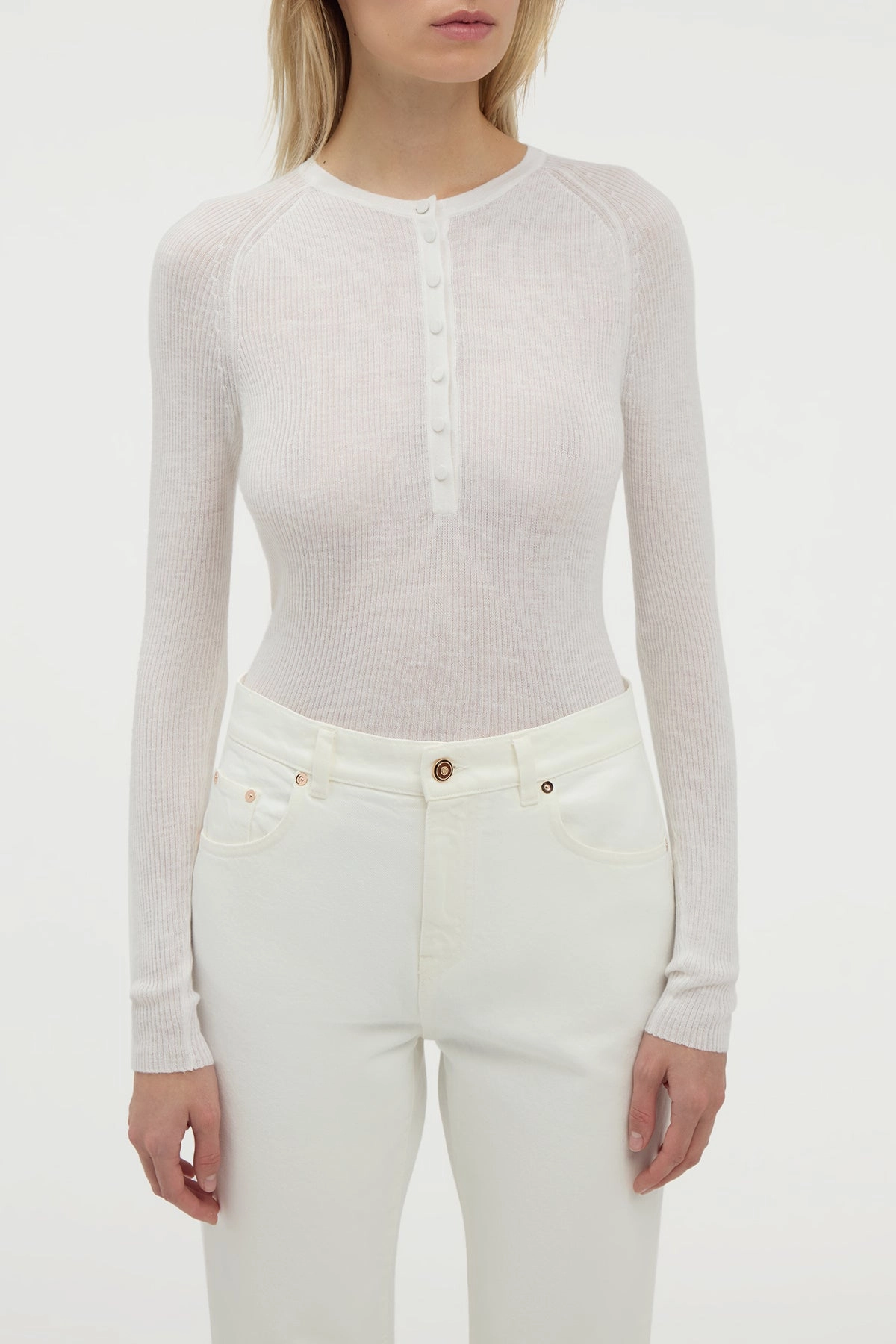 Antibacterial Finish Anges Knit Henley in Ivory Cashmere Silk with Hemp