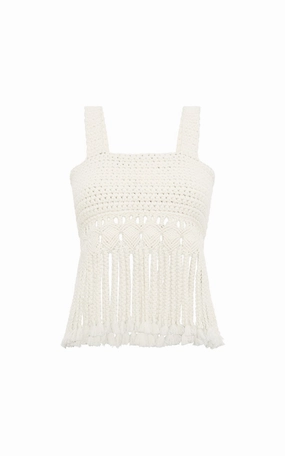 Chill Evening EcoFriendly Material Blend Lilea Fringe Crochet Top in Ivory Cashmere