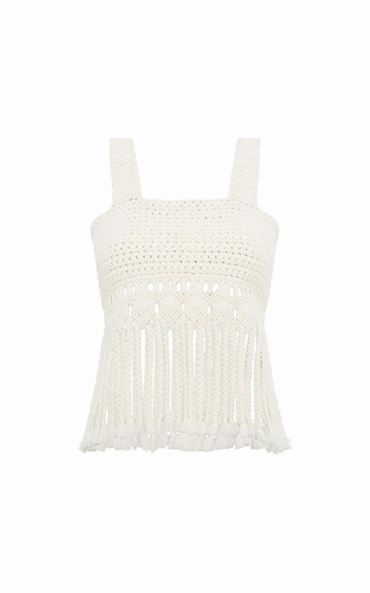 Chill Evening EcoFriendly Material Blend Lilea Fringe Crochet Top in Ivory Cashmere