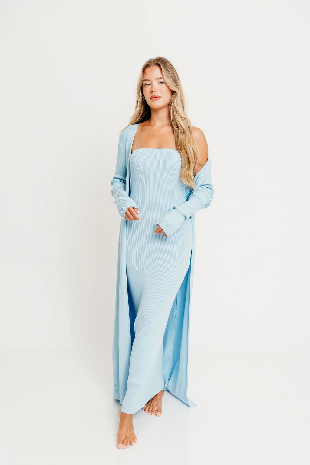 Life Soft Lina Two Piece Dress Set in Dusty Blue - Bump Friendly