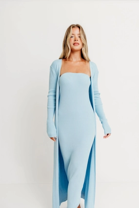 Summer Wardrobe Lightweight-Lining Lina Two Piece Dress Set in Dusty Blue - Bump Friendly