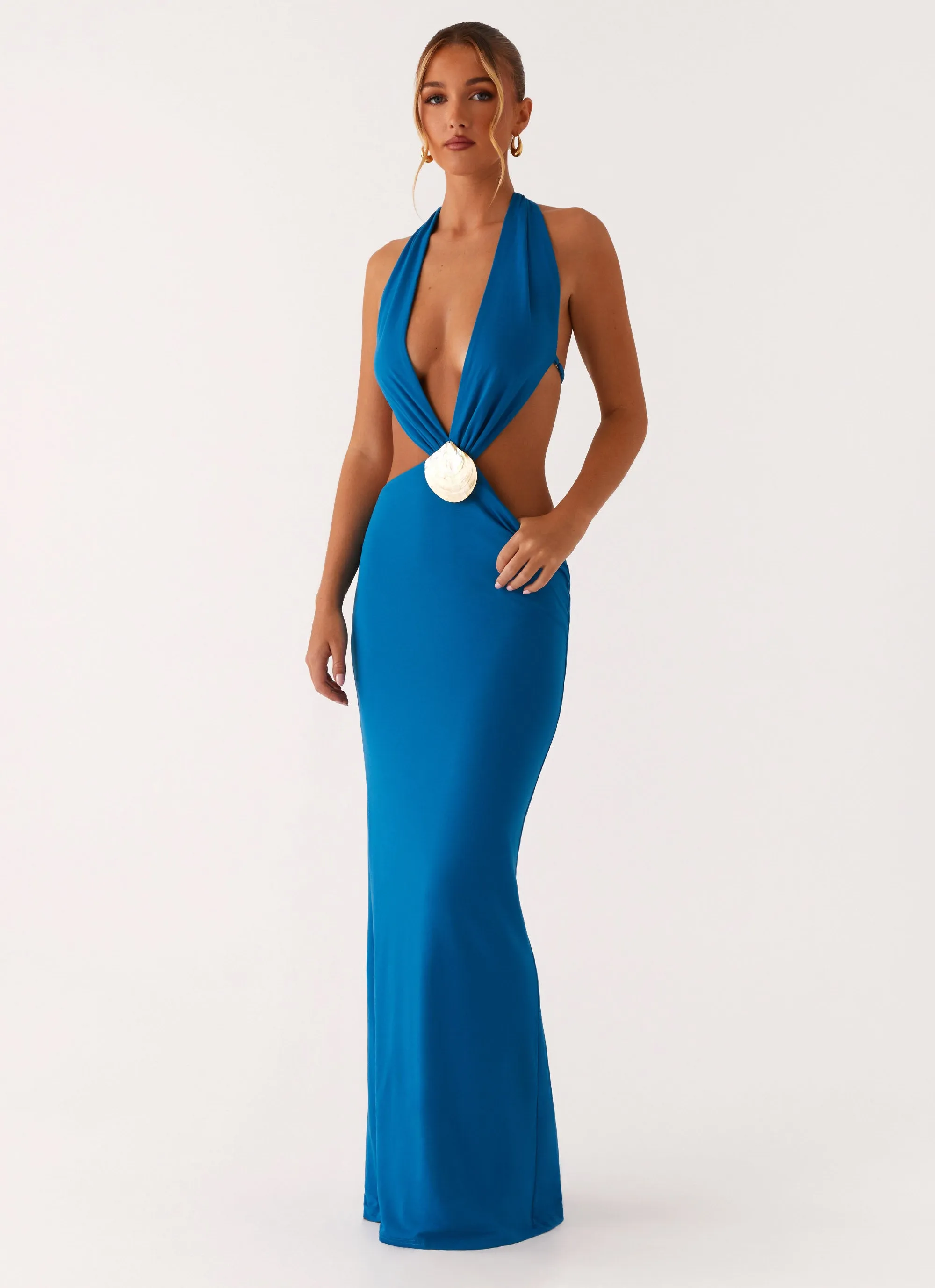 Asymmetric-Neck Effortless Wear Flossy Maxi Dress - Royal Blue