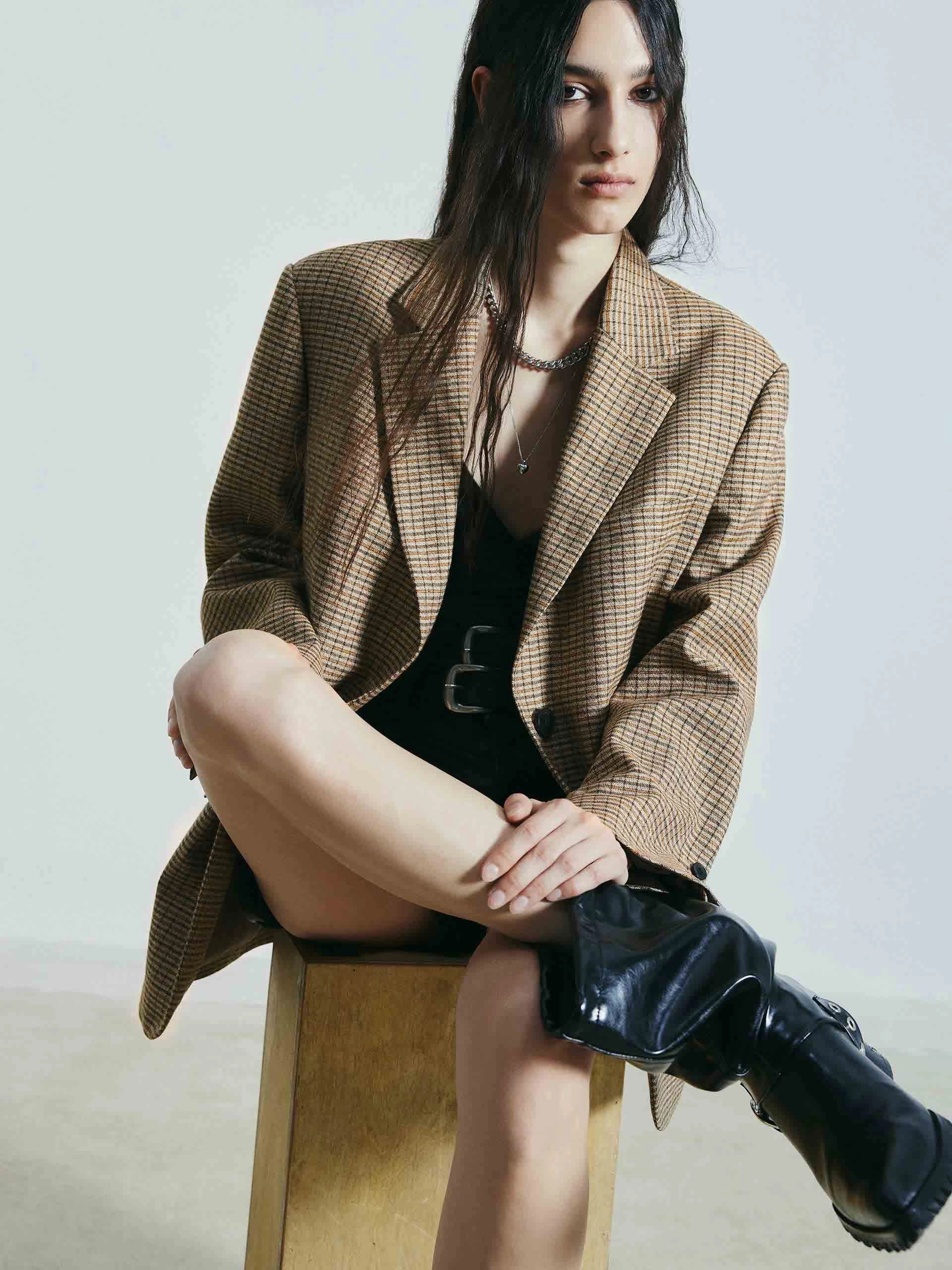 Stand Collar Linen Blend Checked Blazer