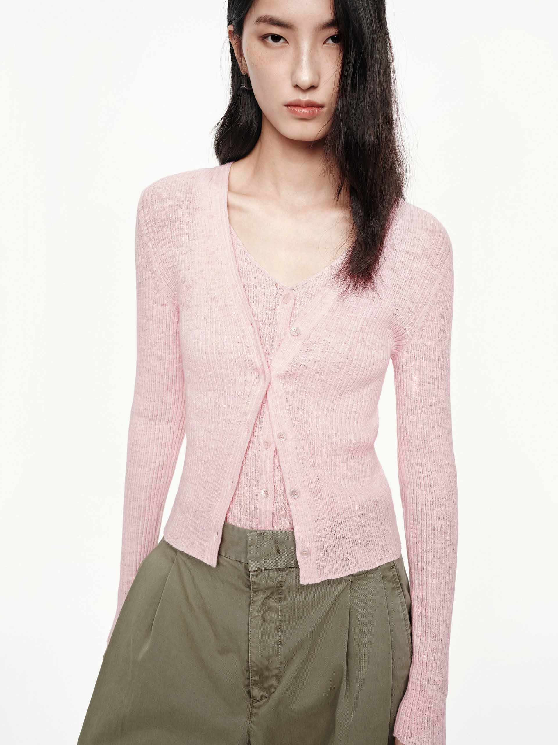 Linen Cotton V-neck Cardigan Fade Resistant Dye Compact Weave