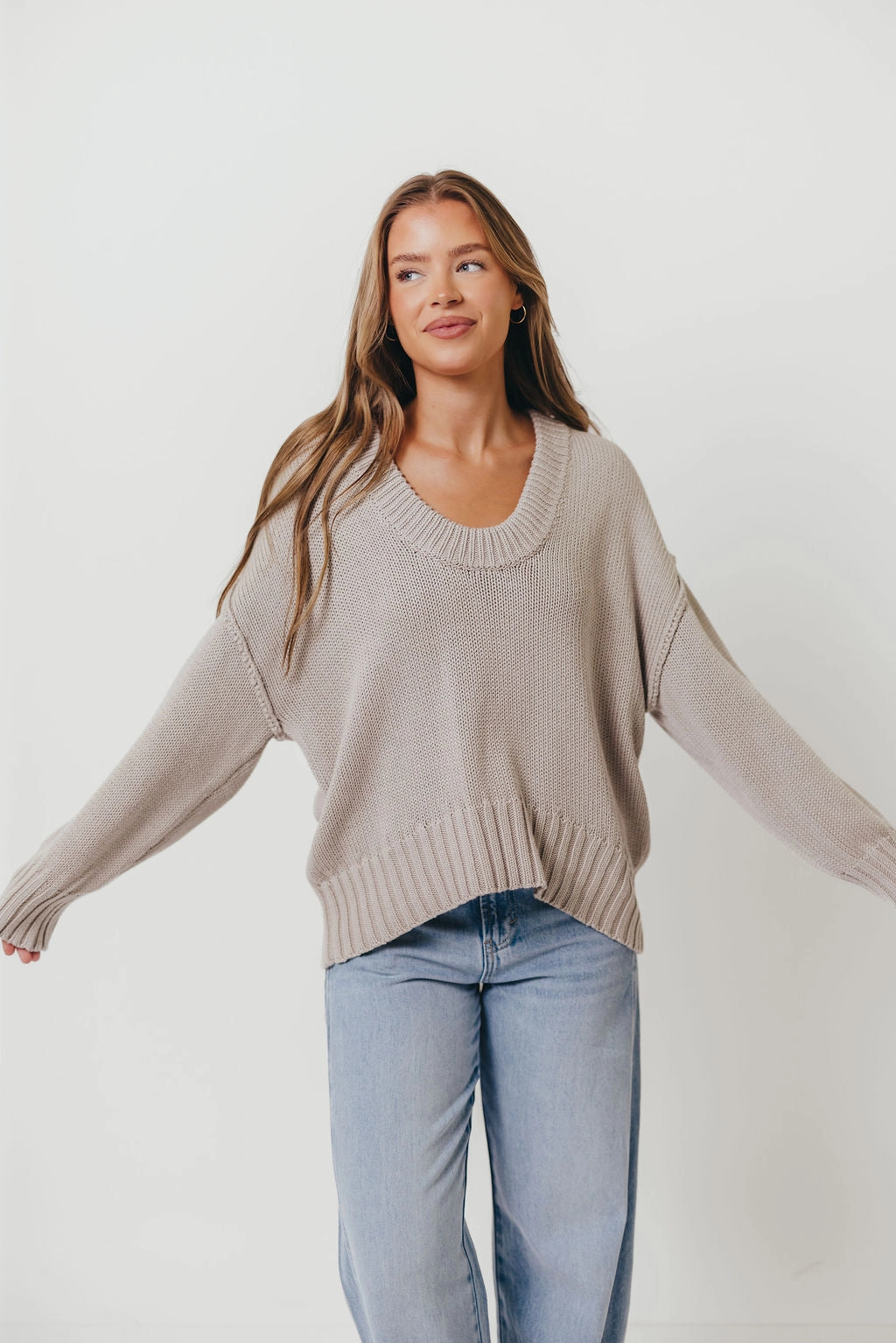 Lola 100% Cotton Scoop Neck Drop Shoulder Knit Sweater in Grey Perfect Wear Thermal Lock Stitching