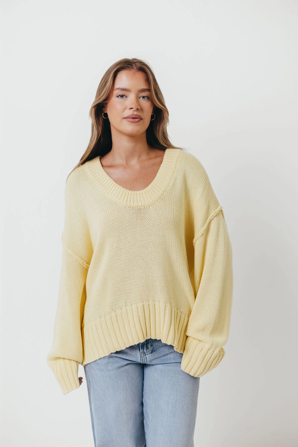Lola 100% Cotton Scoop Neck Drop Shoulder Knit Sweater in Lemon Winter Comfort Wear
