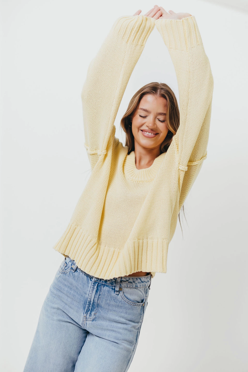 Lola 100% Cotton Scoop Neck Drop Shoulder Knit Sweater in Lemon Versatile Performance Stretch Flex