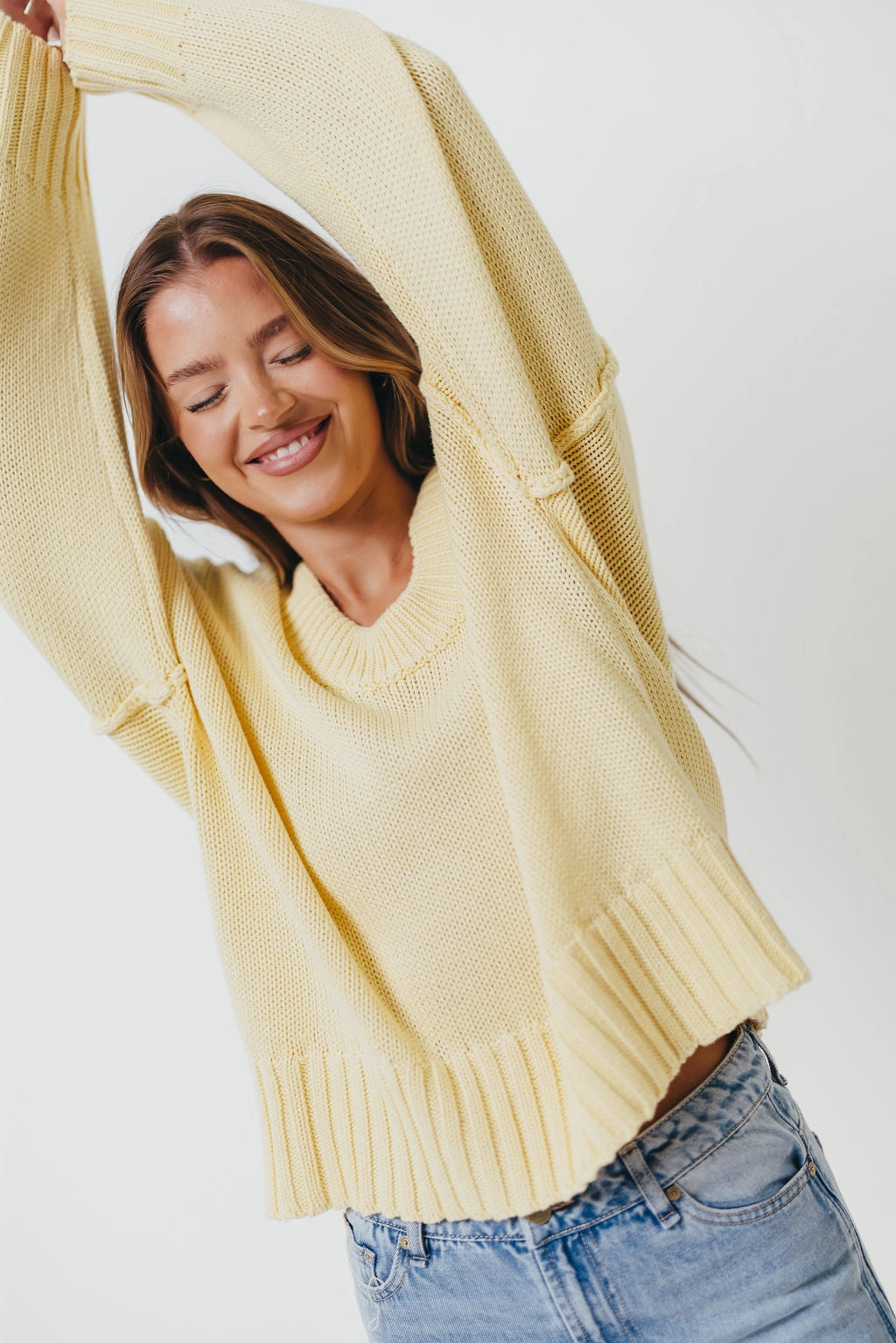 Seasonal Comfort Trendy Comfort Lola 100% Cotton Scoop Neck Drop Shoulder Knit Sweater in Lemon
