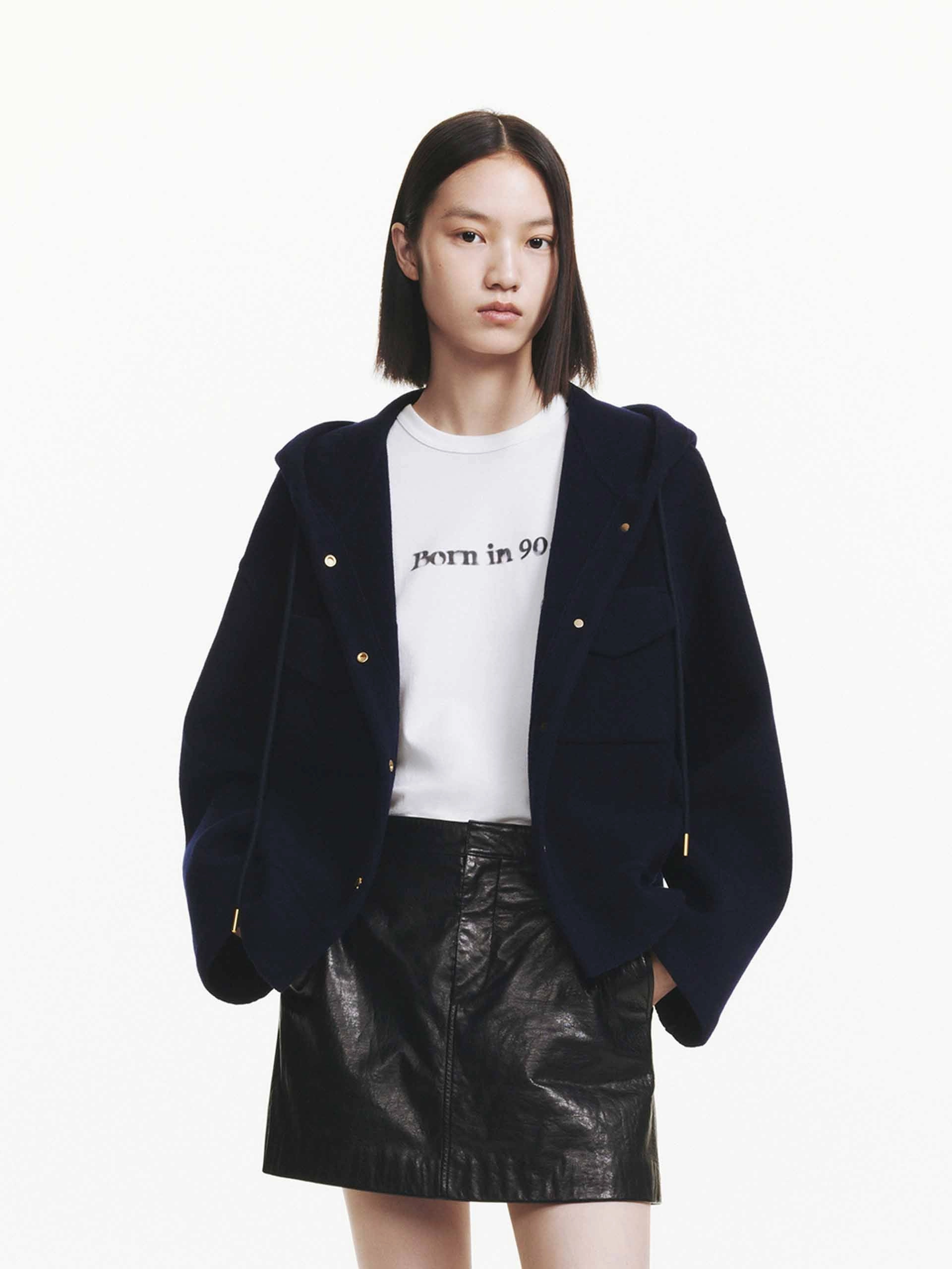 Light Reflectivity Trim Loose Hooded Wool Coat