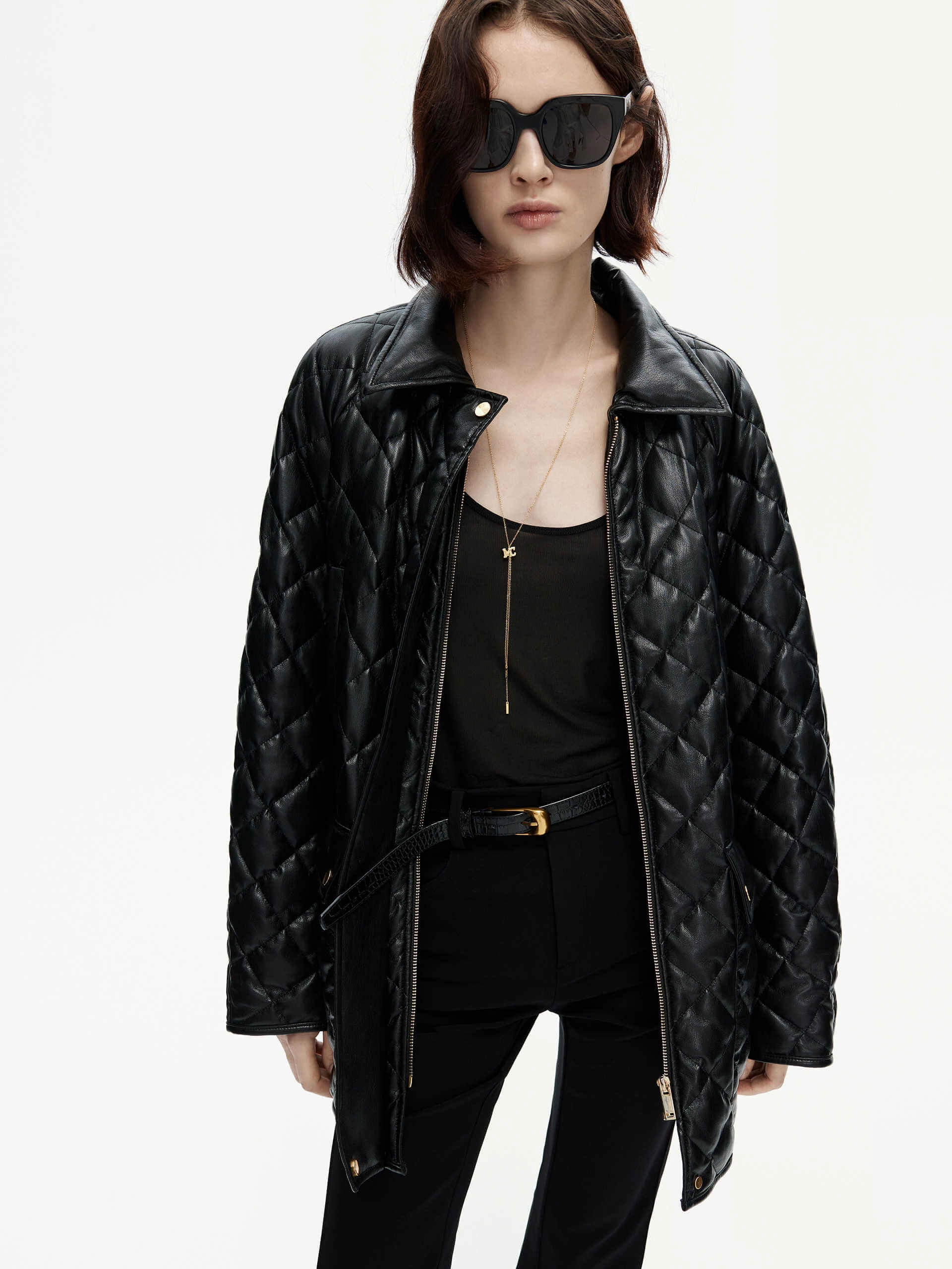 Loose Leather Quilted Jacket Detachable Hood