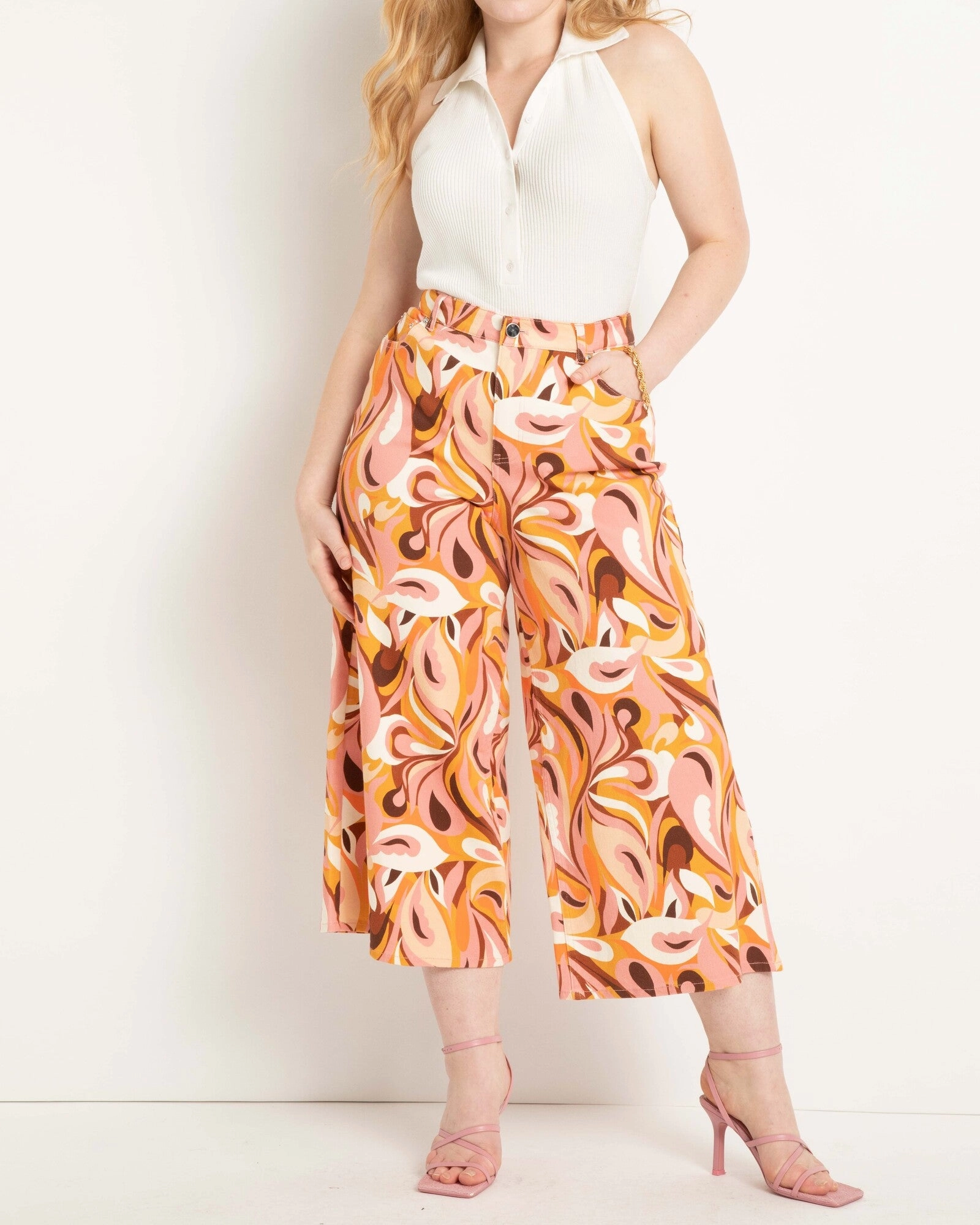 Ready Choice Artist Vibe Premium Lori Retro Mod Print Cropped Pant | Orange / Yellow