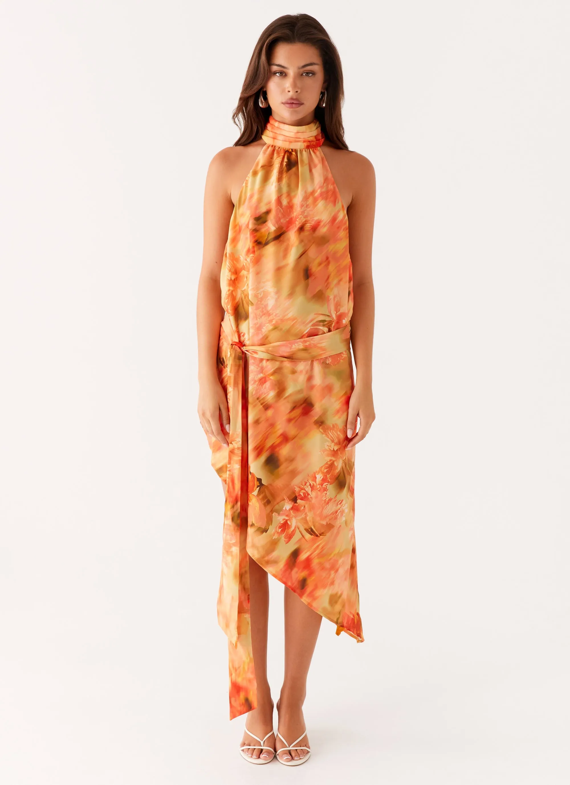 Lou Midi Dress - Sunset Floral Cool Draping Sophisticated Fit