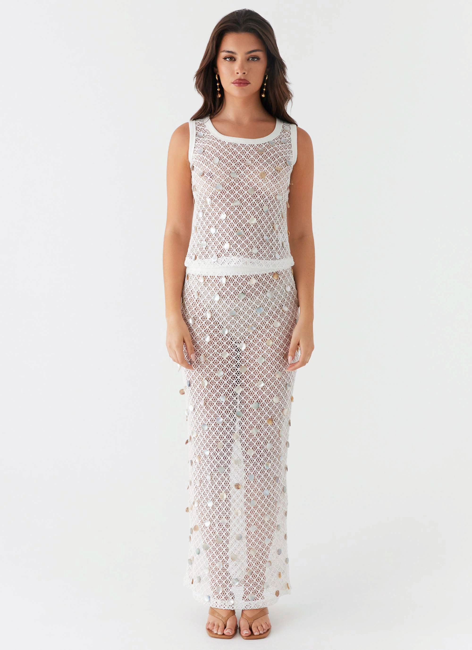 Lovina Shell Knit Maxi Skirt - White Relaxed Feel Street Edge