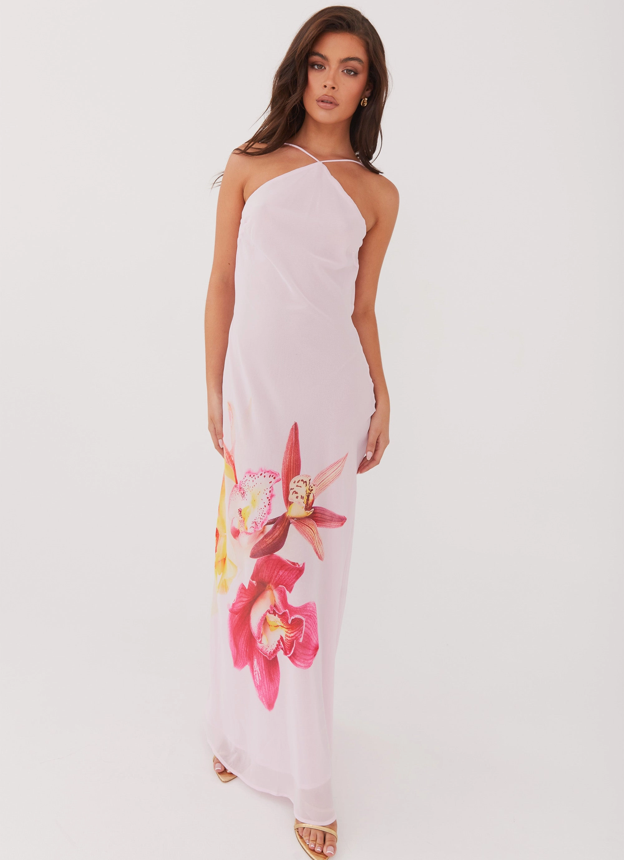 Solid-color Blossom Hearts Maxi Dress - Pink Peony