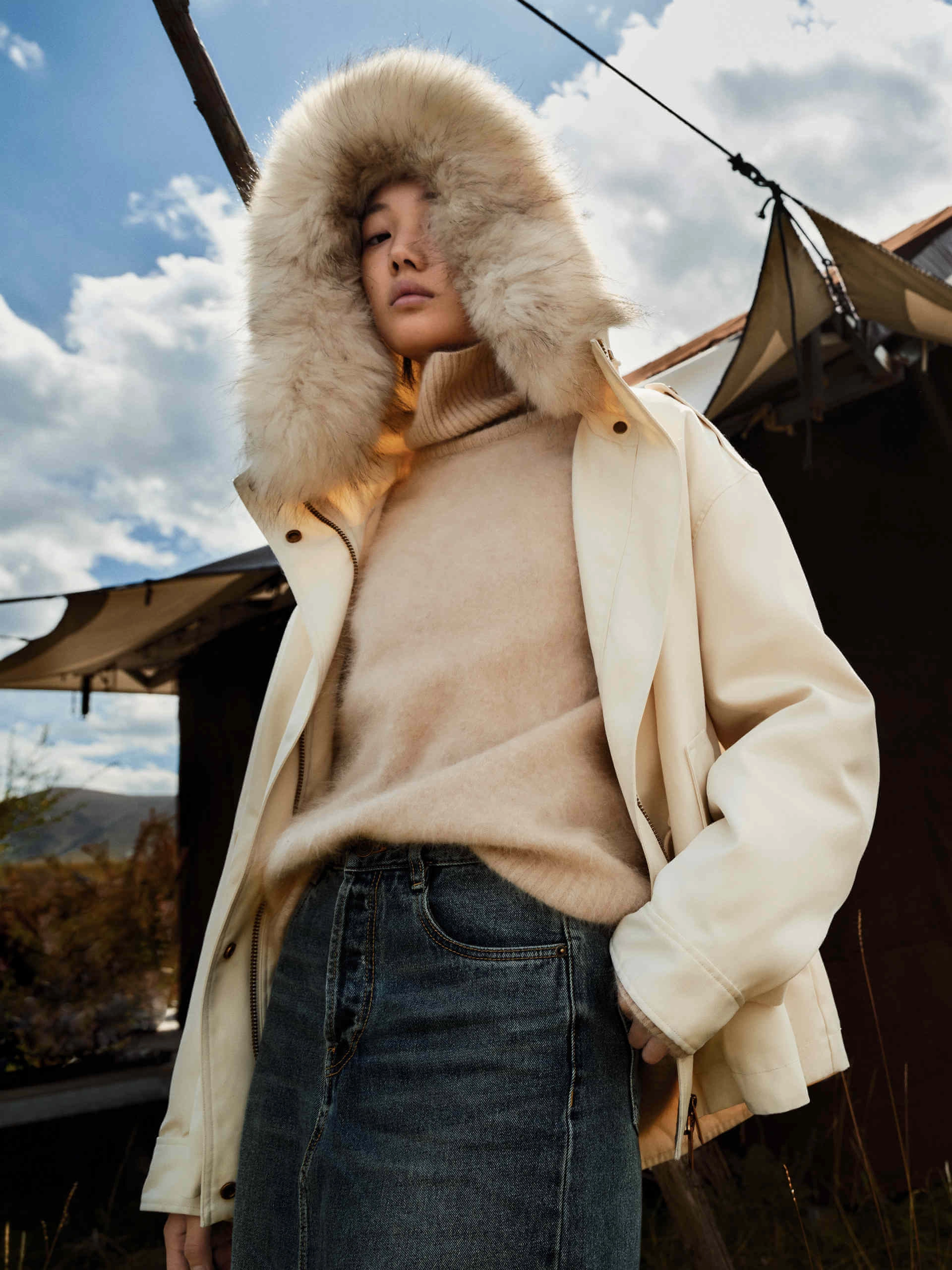 Drawstring Waist Hood Coat Neutral Style