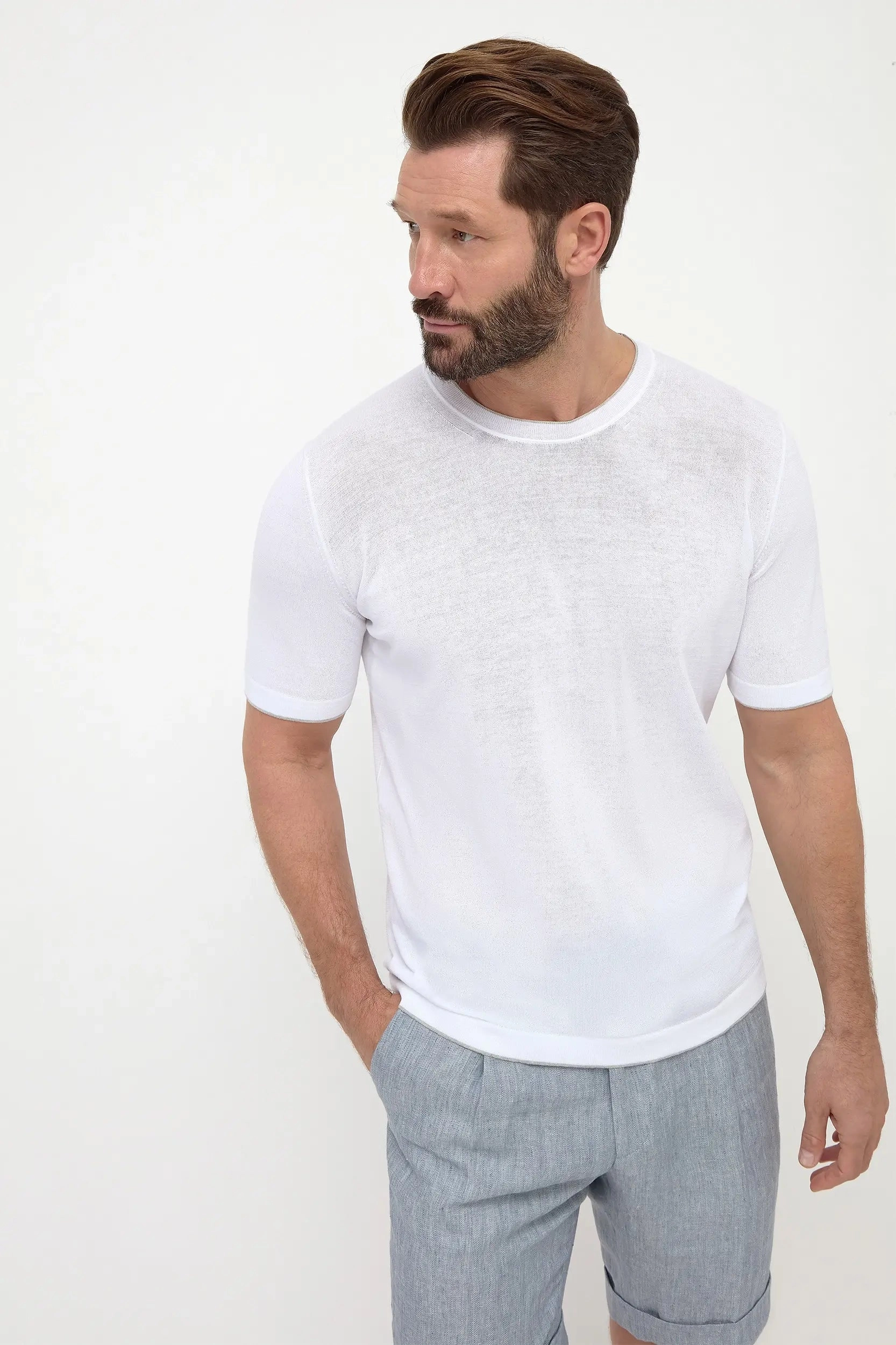 White knitted t-shirt - Made in Italy Luminous Thread Accents
