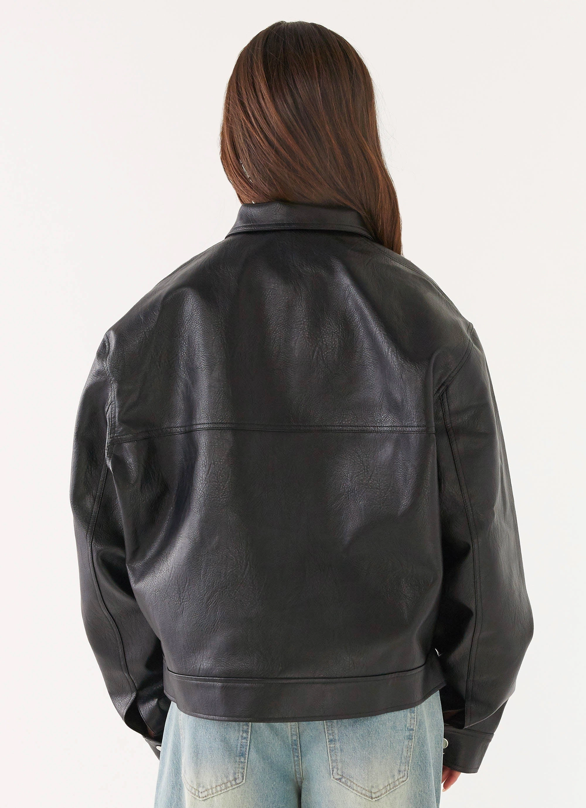 Active Use Linen Lula Faux Leather Bomber Jacket - Black