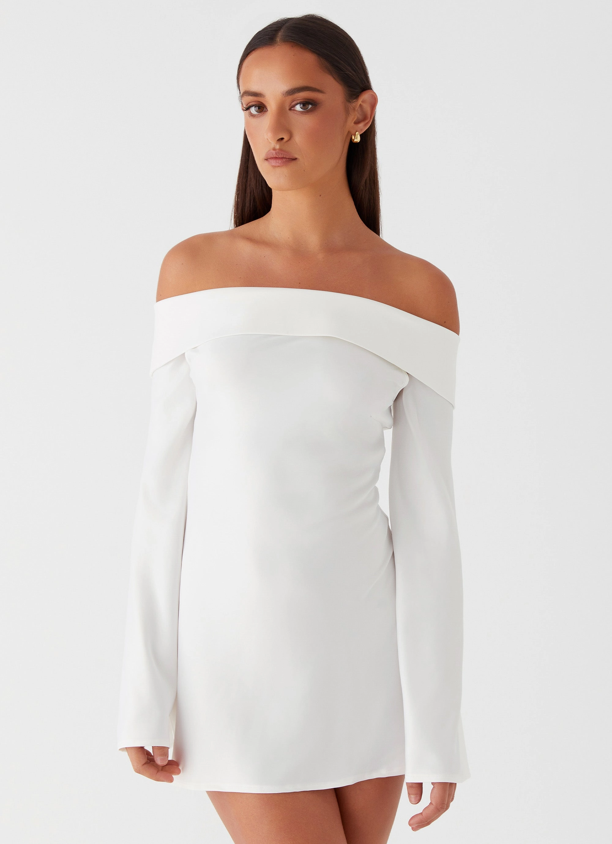 Soft Layers Flared-Hem Lumina Long Sleeve Mini Dress - White