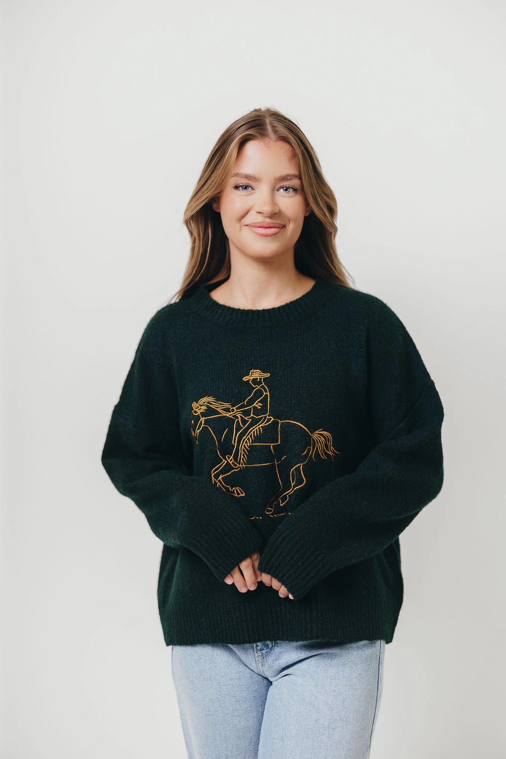 Virginia Embroidered Cowboy Knit Sweater in Deep Forest Casual Comfort Wear