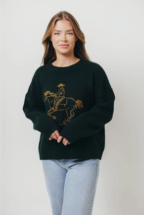 Cozy and Versatile Comfy & Cozy Virginia Embroidered Cowboy Knit Sweater in Deep Forest