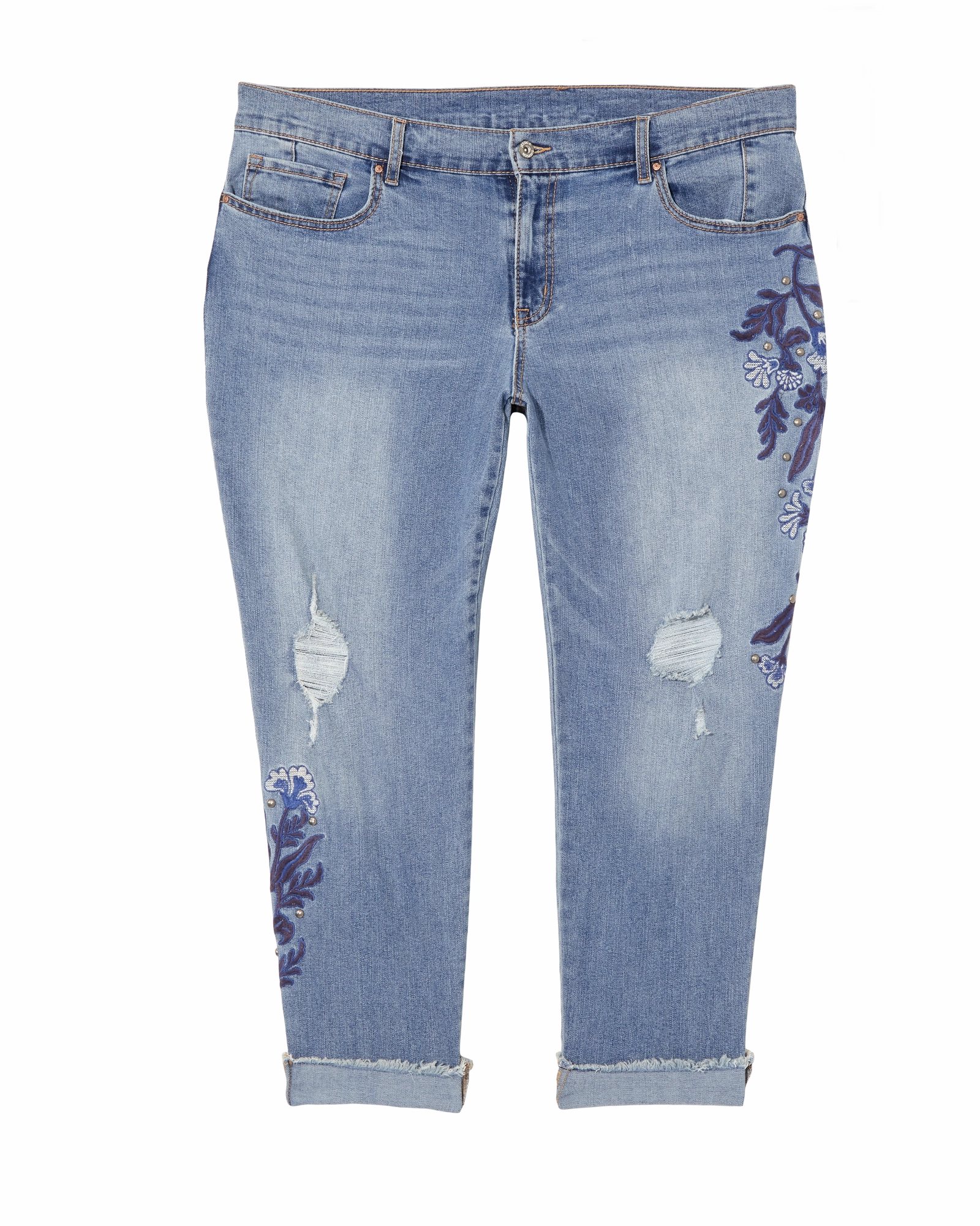 Roni Embroidered Skinny Jean with Studs and Fray Hem | Medium Wash Breathable Classic Wear Eco Friendly Daily Essentials