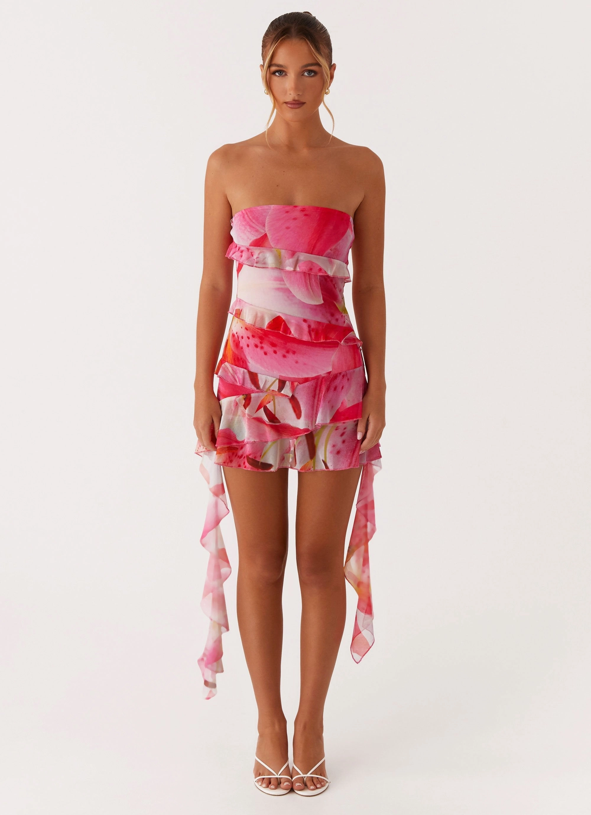 Macey Mini Dress - White Pink Lilly Pleated design Floral design