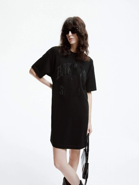 Back-Pocket Bright Feel Front Sequins T-shirt Dress