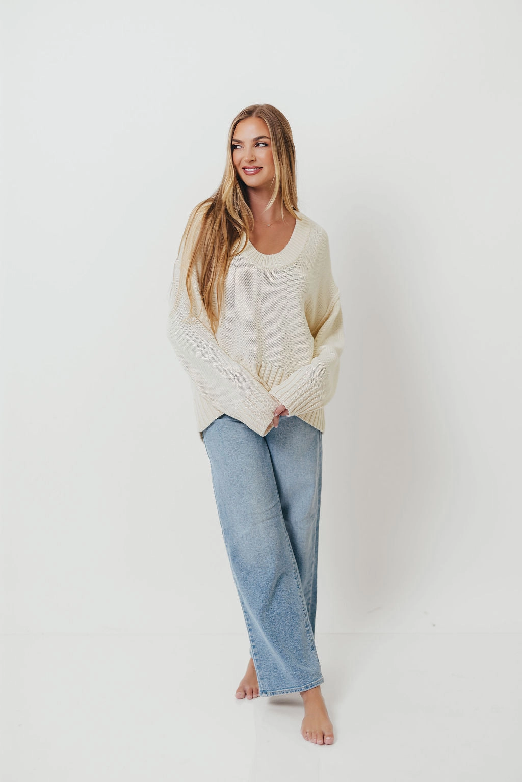 Winter Apparel Casual Wear Fit Lola 100% Cotton Scoop Neck Drop Shoulder Knit Sweater in Cream