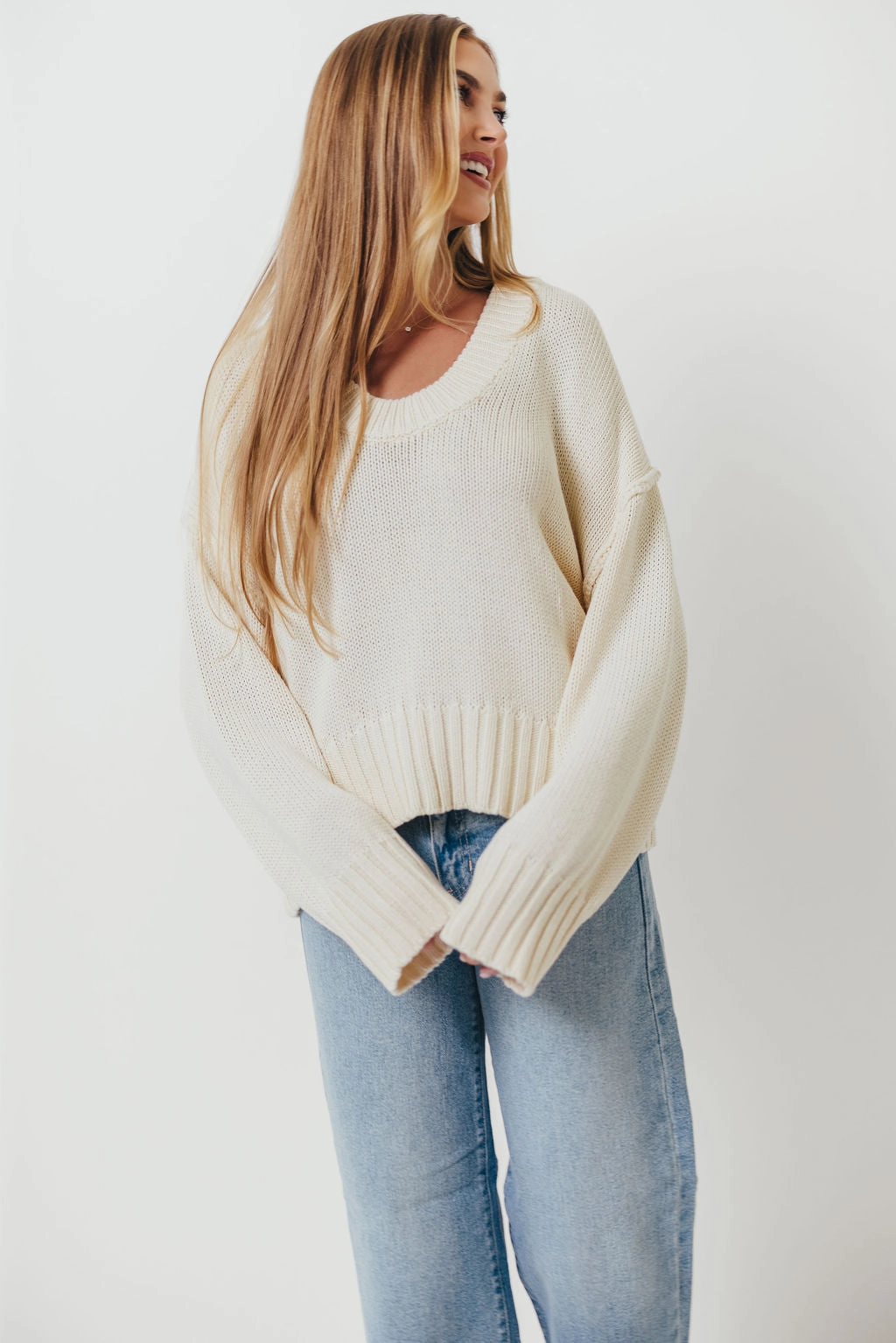Soft Fabric Look Lola 100% Cotton Scoop Neck Drop Shoulder Knit Sweater in Cream