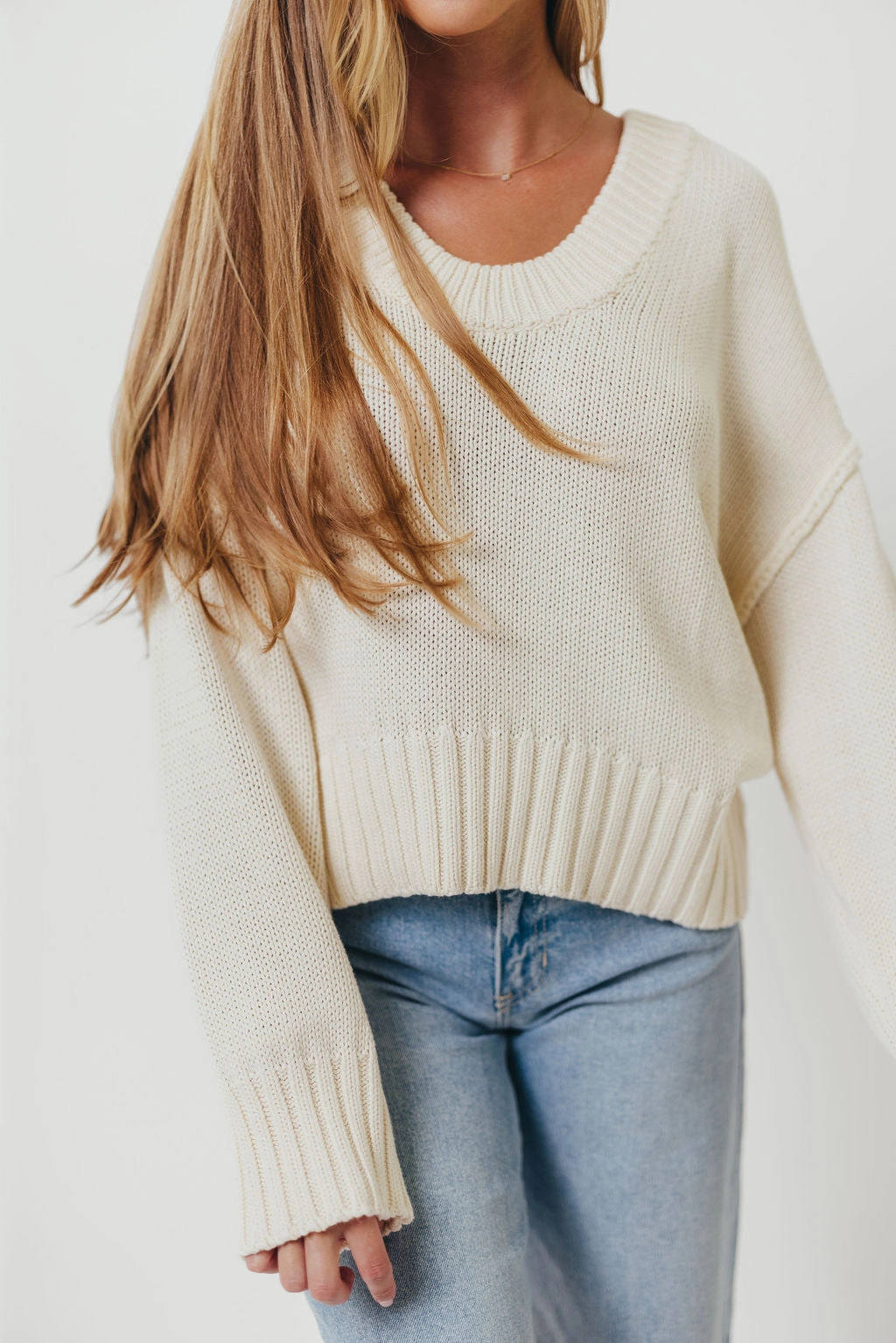 Lola 100% Cotton Scoop Neck Drop Shoulder Knit Sweater in Cream Cozy And Stylish