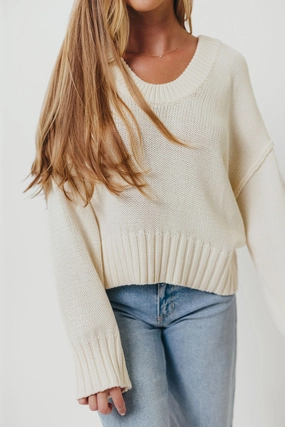 Lola 100% Cotton Scoop Neck Drop Shoulder Knit Sweater in Cream Cozy And Stylish