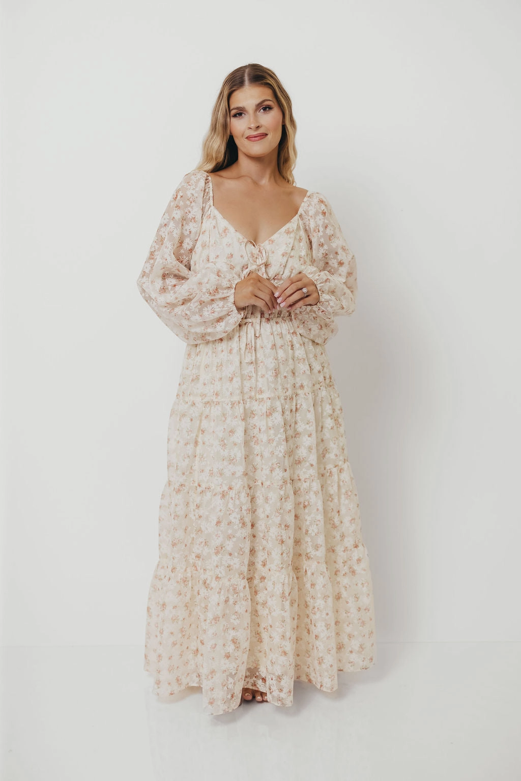 Modern Finish Macklynn V-Neck Long Sleeve Tier Maxi Dress in Cream/Orange Floral