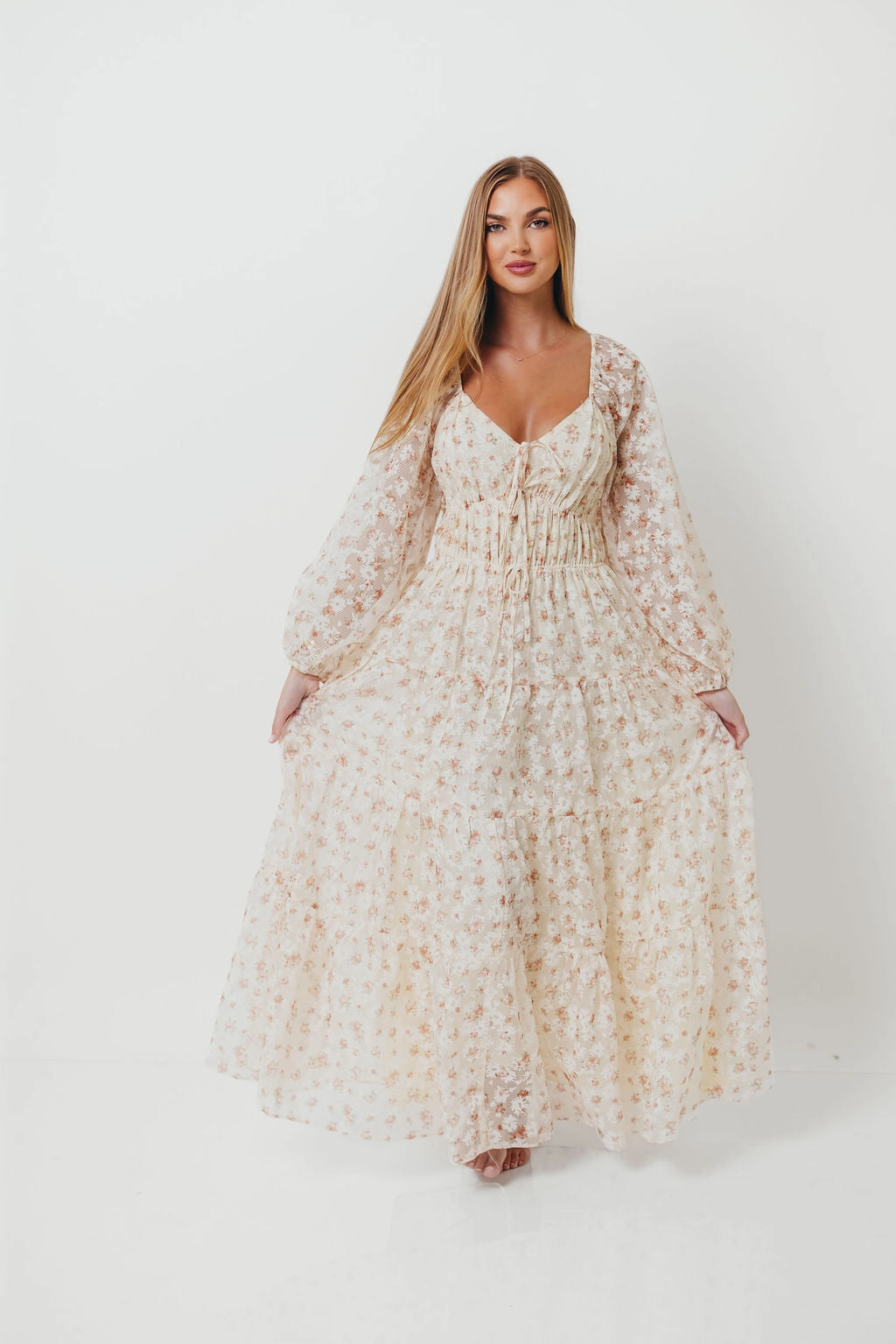 Flexible Comfort Delicate Lines Macklynn V-Neck Long Sleeve Tier Maxi Dress in Cream/Orange Floral