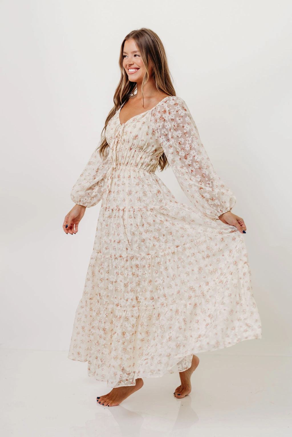 Vibrant color Macklynn V-Neck Long Sleeve Tier Maxi Dress in Cream/Orange Floral