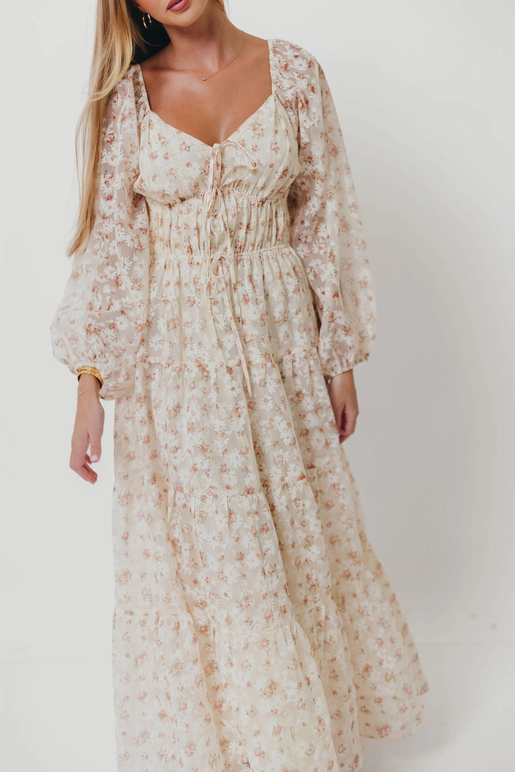 Night Vibes Quick Match Macklynn V-Neck Long Sleeve Tier Maxi Dress in Cream/Orange Floral