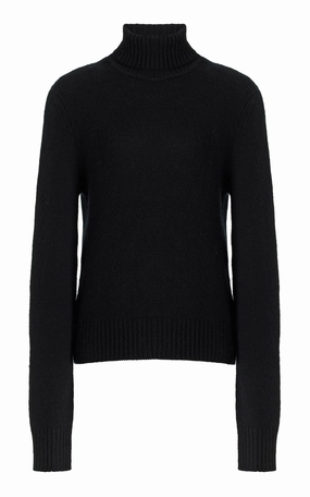 Elastic Edging Madden Knit Turtleneck Sweater in Black Cashmere