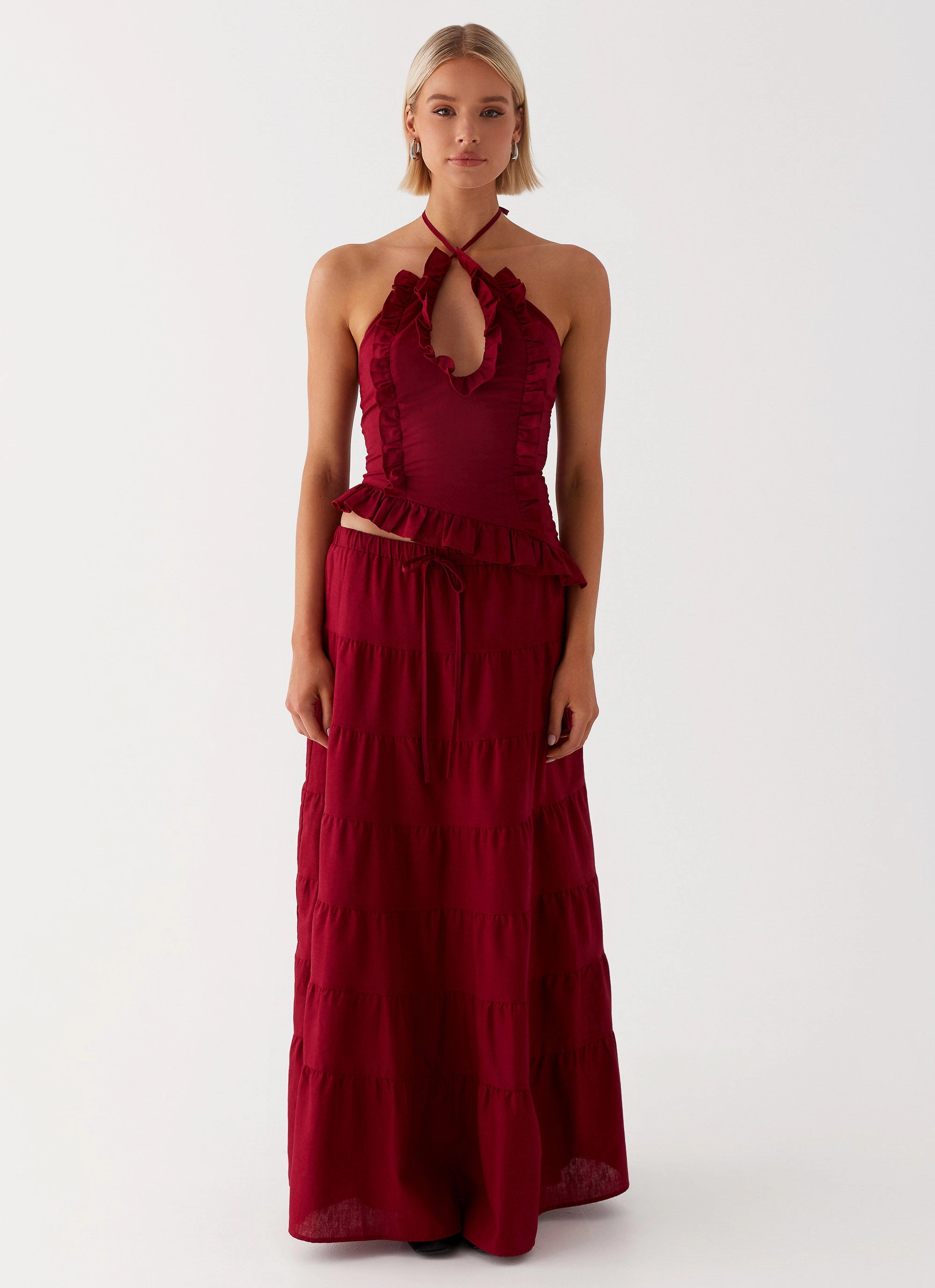 Mariella Linen Maxi Skirt - Maroon Sleek Flow