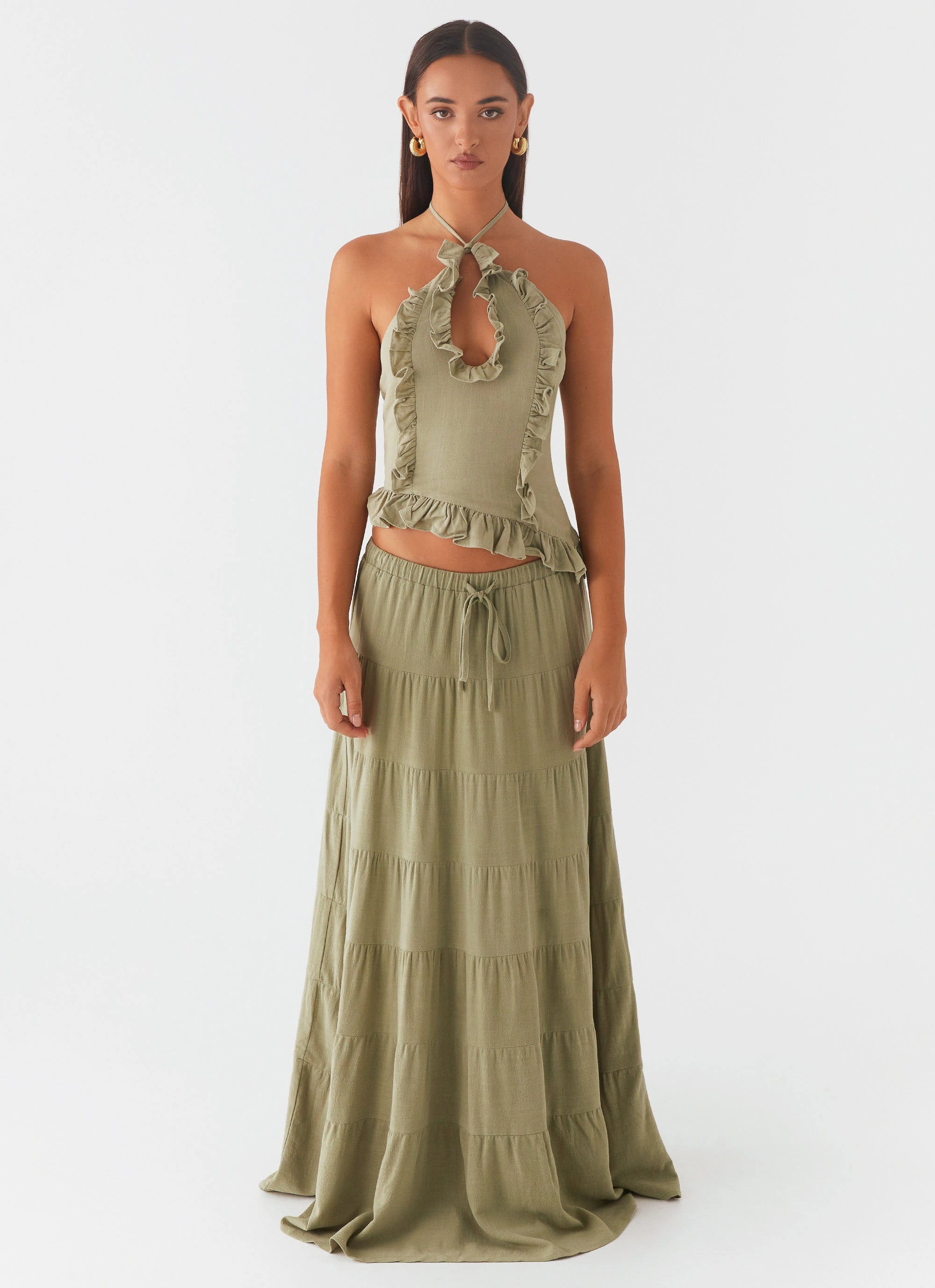 Convertible Style Push Button Closure Mariella Linen Maxi Skirt - Sage