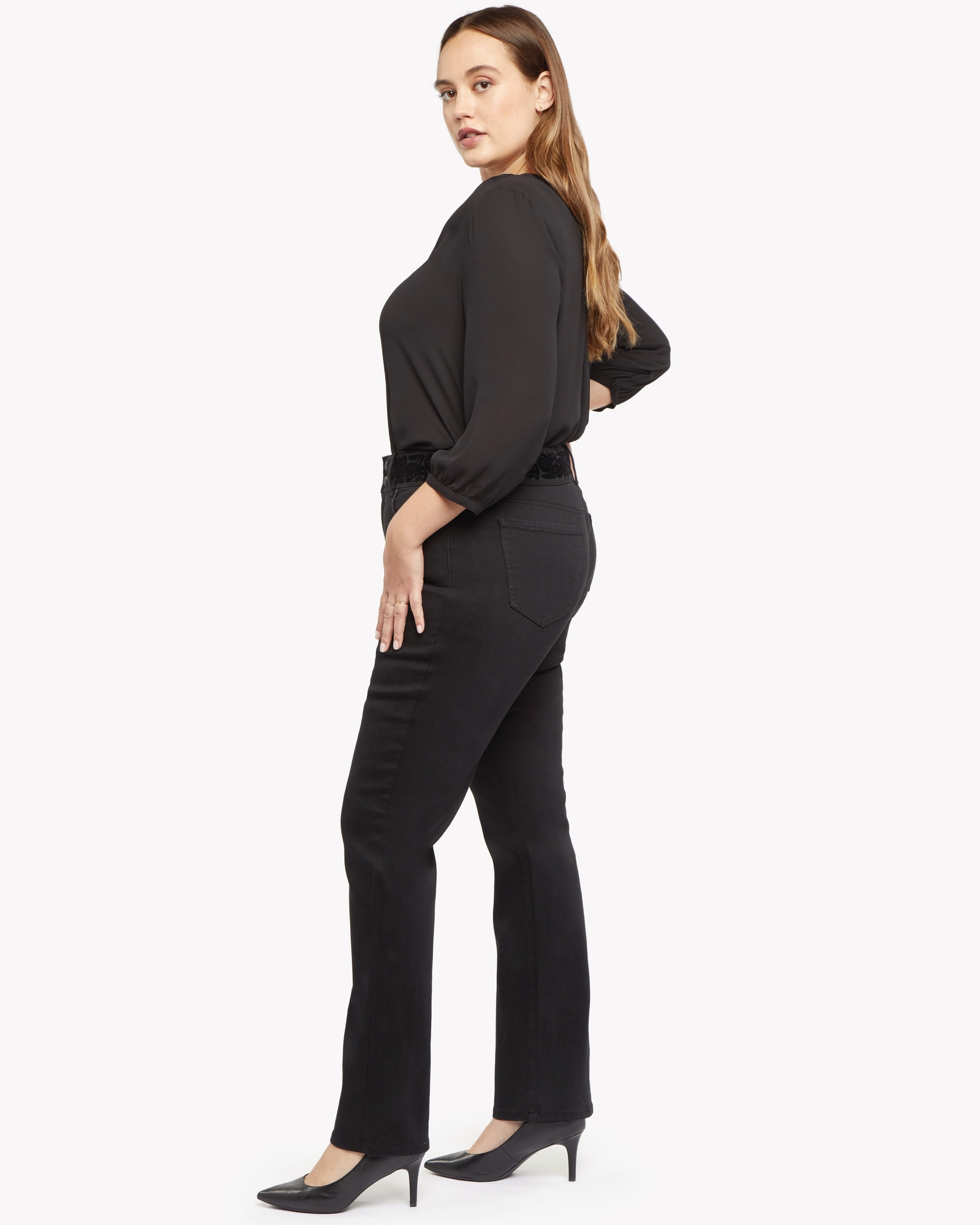 Marilyn Flocked Waist Straight Jean | Dark Enzyme Black City Walk Casual Friday