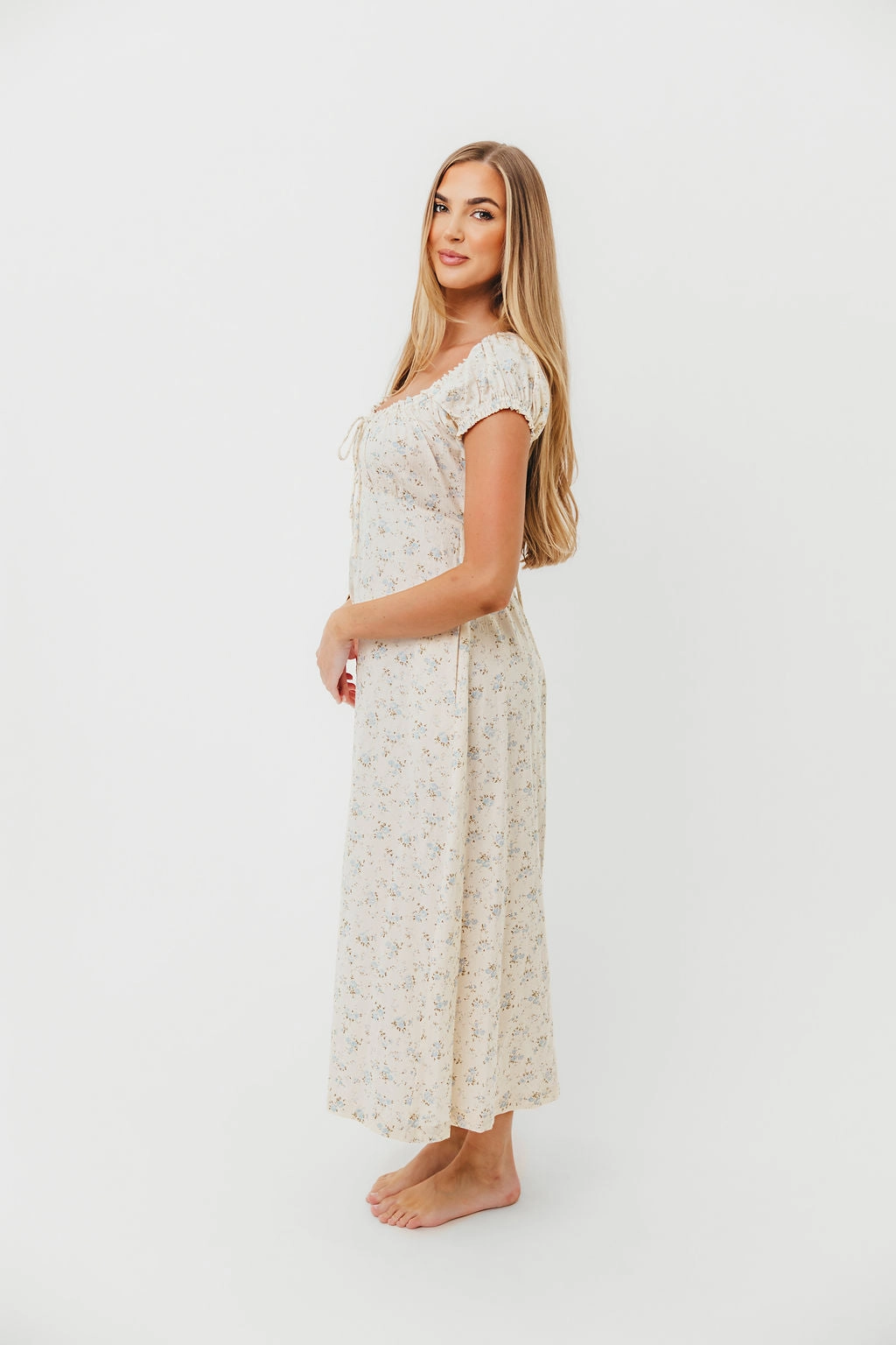 Marley 100% Cotton Midi Dress in Ivory/Blue Floral -Bump Friendly Sleek Waistband