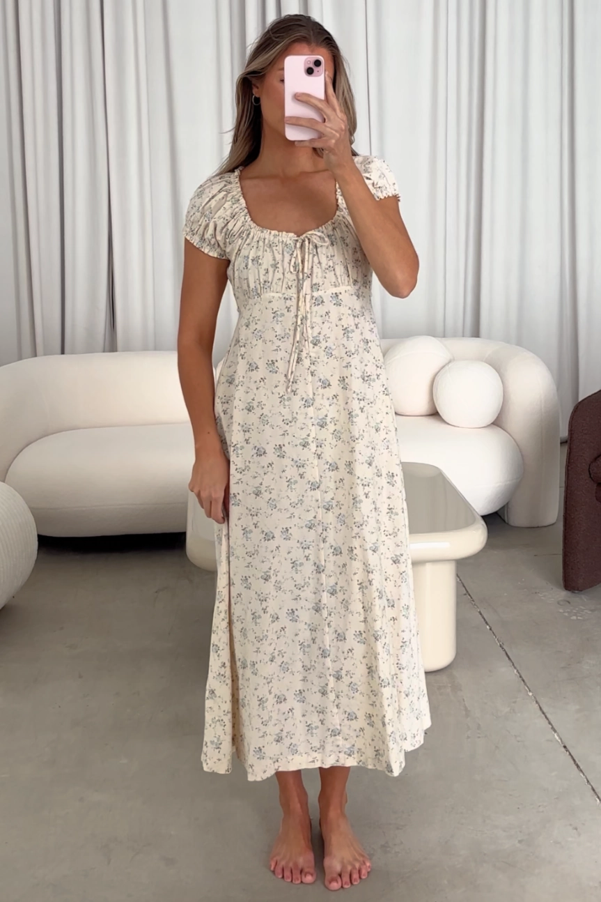 Marley 100% Cotton Midi Dress in Ivory/Blue Floral -Bump Friendly Fashionable Look